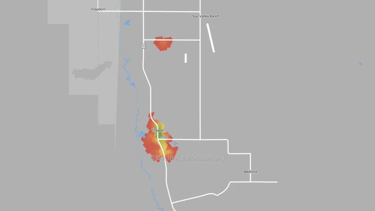 Walk Grade map of Thayne, WY, walkable areas in green and car-dependent areas in red