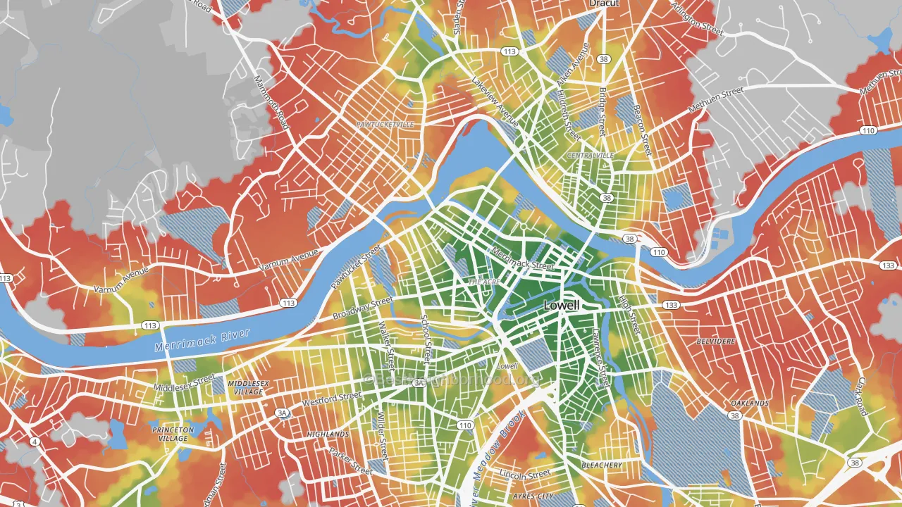 Walk Grade map of The Acre, Lowell, MA, walkable areas in green and car-dependent areas in red