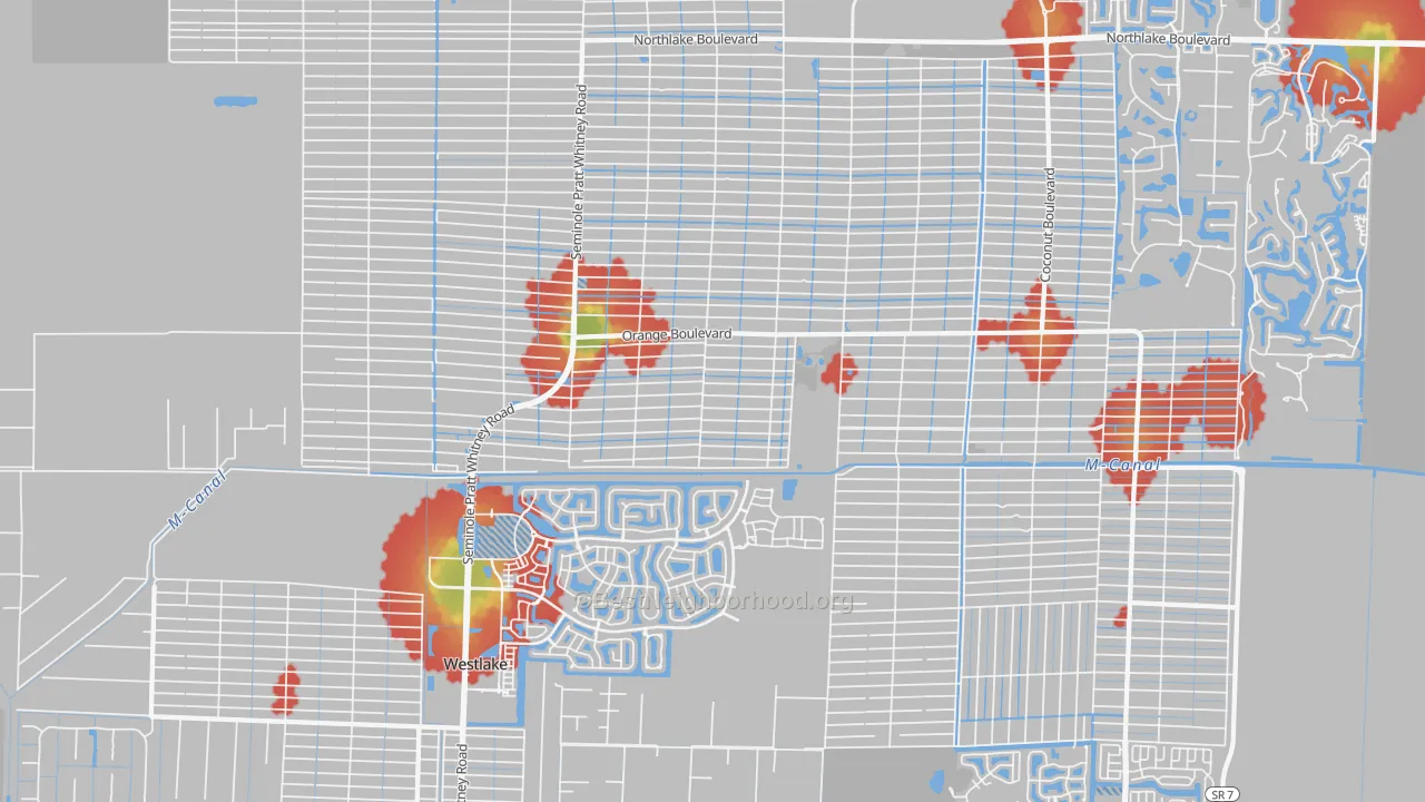 Walk Grade map of The Acreage, FL, walkable areas in green and car-dependent areas in red