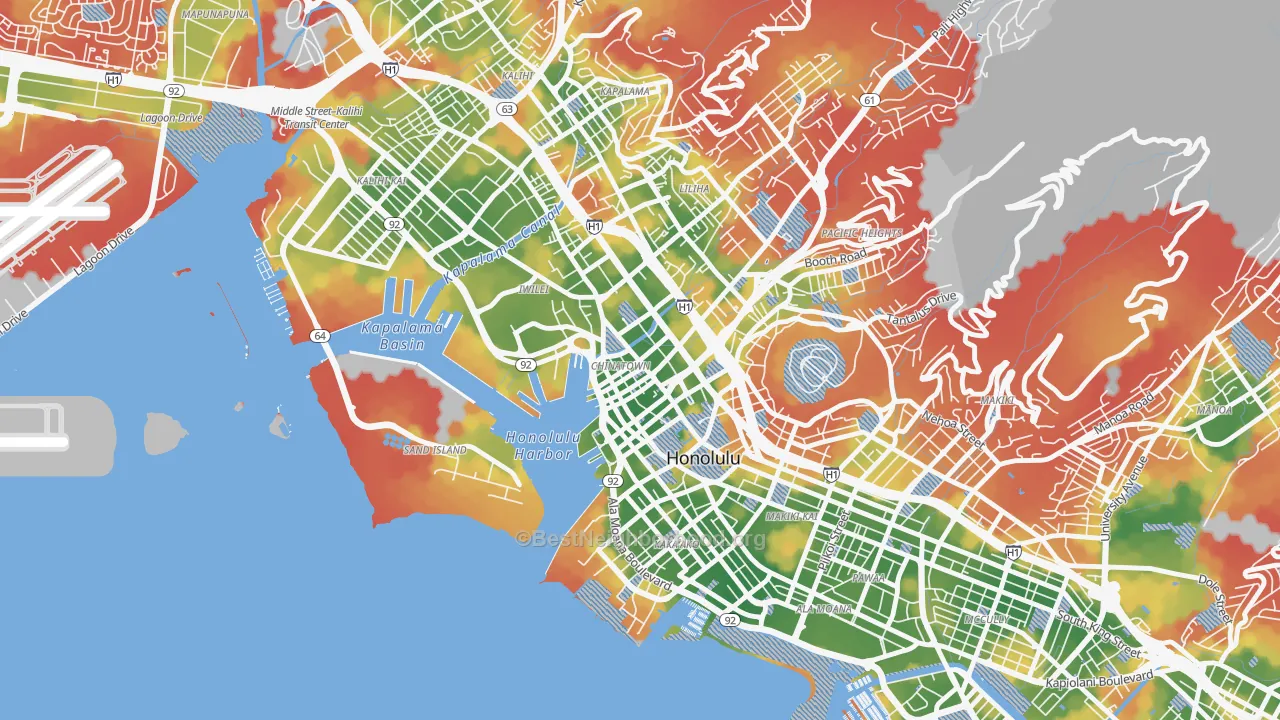 Walk Grade map of The Arts District, Honolulu, HI, walkable areas in green and car-dependent areas in red