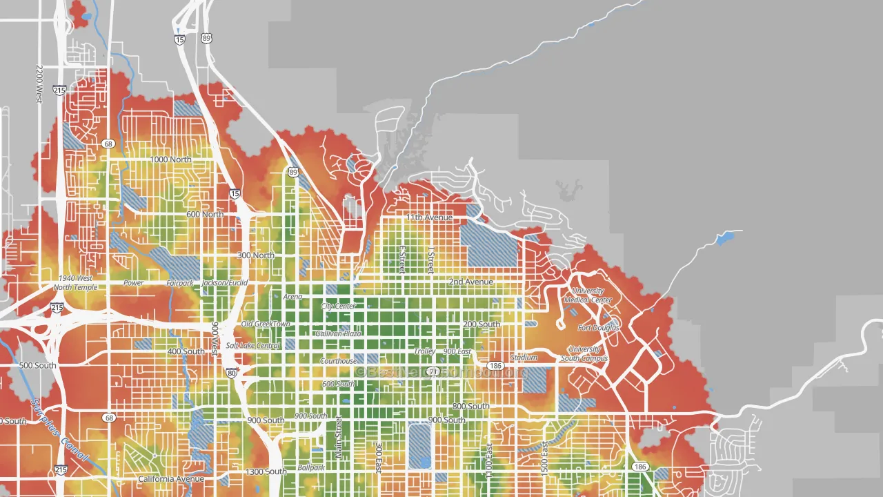 Walk Grade map of The Avenues, Salt Lake City, UT, walkable areas in green and car-dependent areas in red