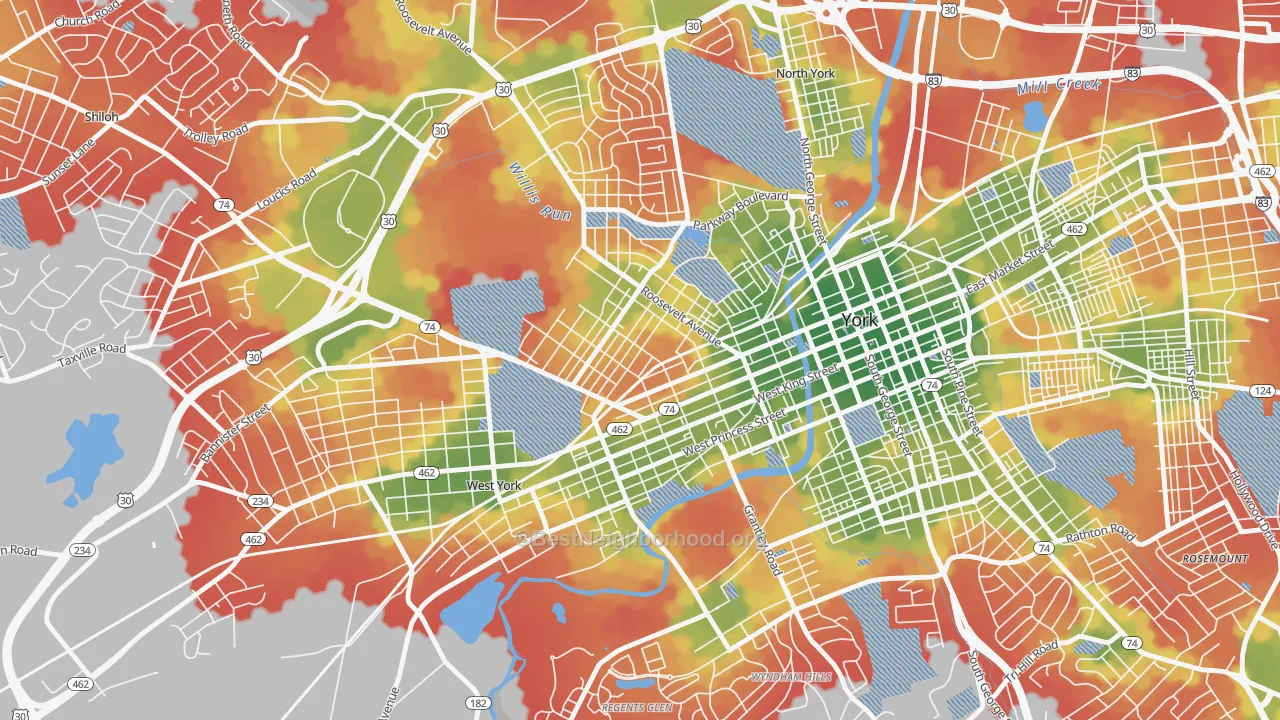 Walk Grade map of The Avenues, York, PA, walkable areas in green and car-dependent areas in red