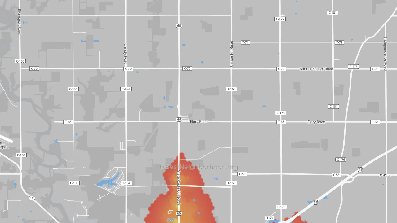 Walk Grade map of The Bend, OH, walkable areas in green and car-dependent areas in red
