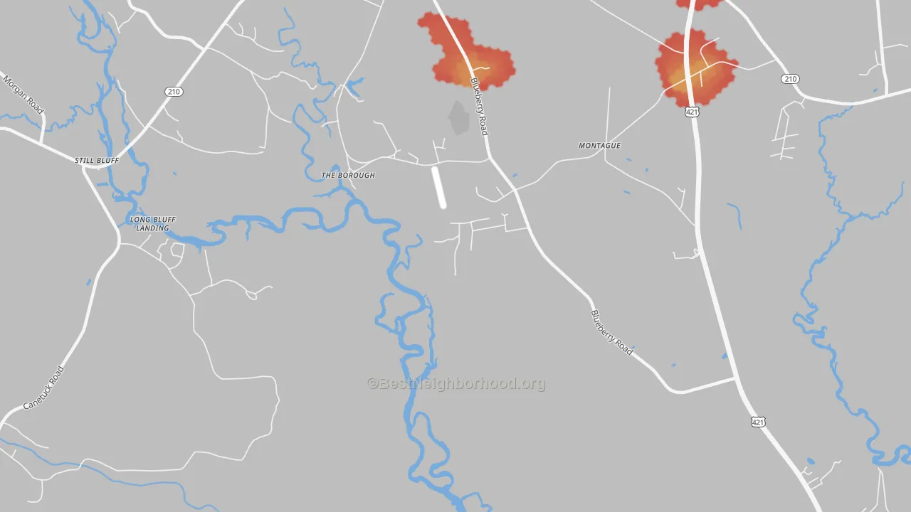 Walk Grade map of The Borough, NC, walkable areas in green and car-dependent areas in red