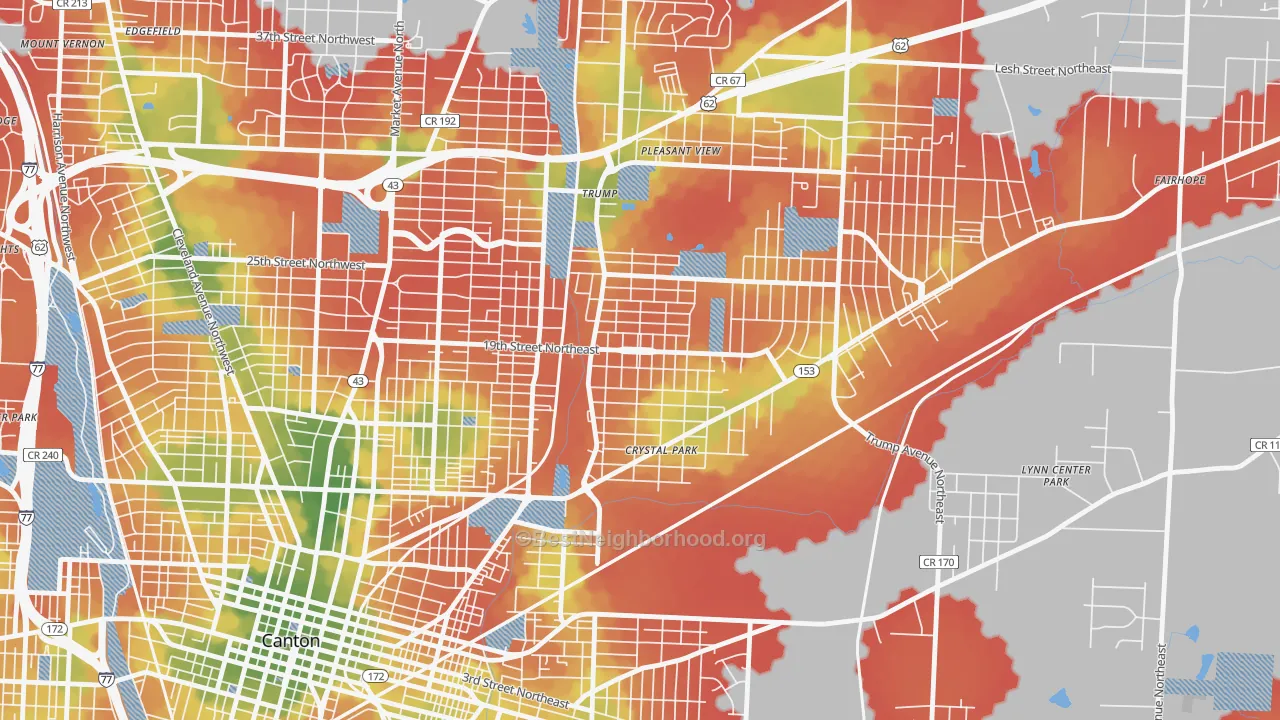 Walk Grade map of The Boulevards, Canton, OH, walkable areas in green and car-dependent areas in red