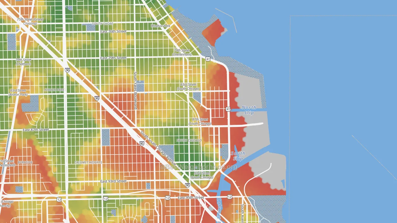 Walk Grade map of The Bush, Chicago, IL, walkable areas in green and car-dependent areas in red