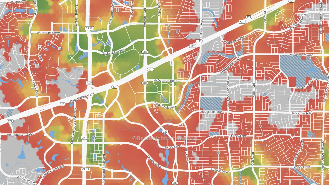 Walk Grade map of The Canal on Preston, Plano, TX, walkable areas in green and car-dependent areas in red