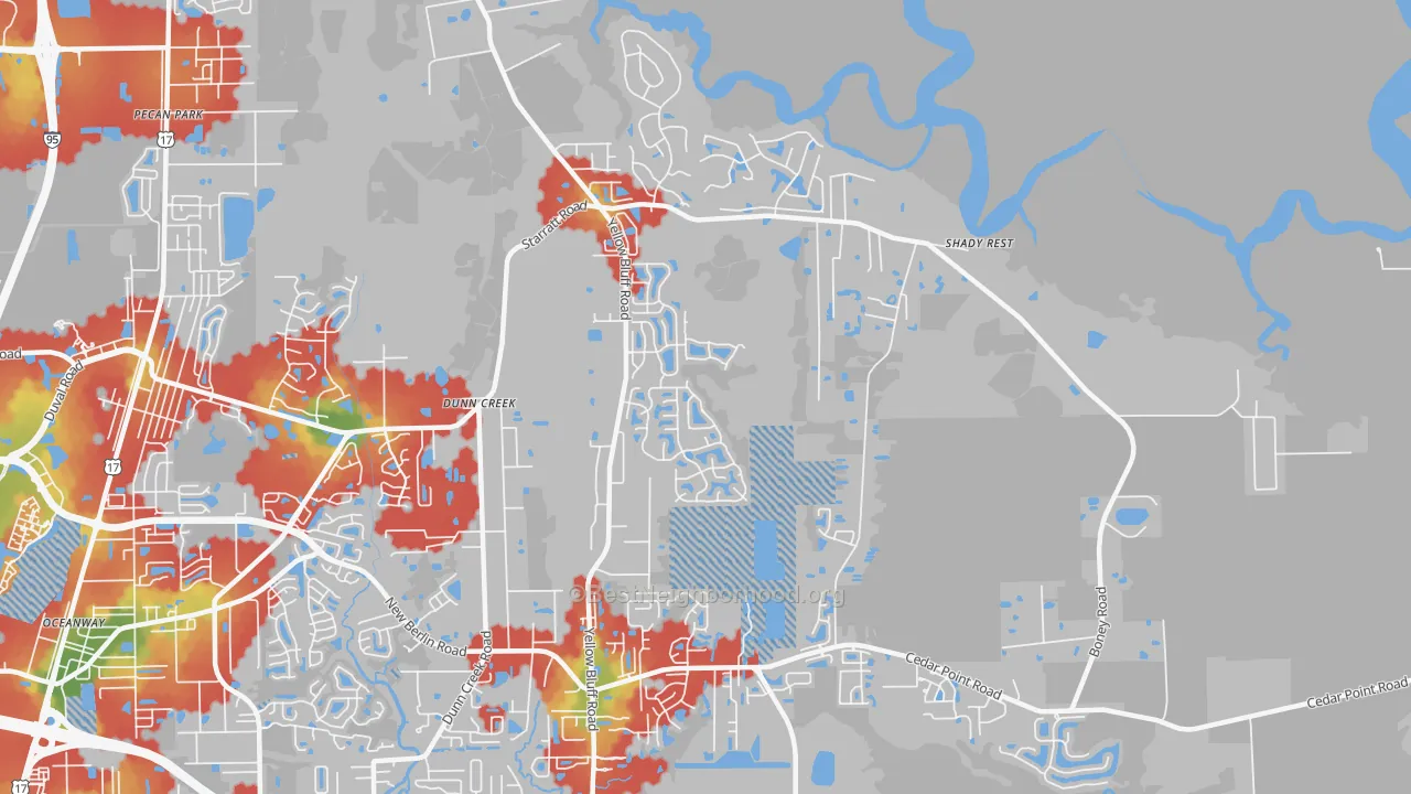 Walk Grade map of The Cape, Jacksonville, FL, walkable areas in green and car-dependent areas in red