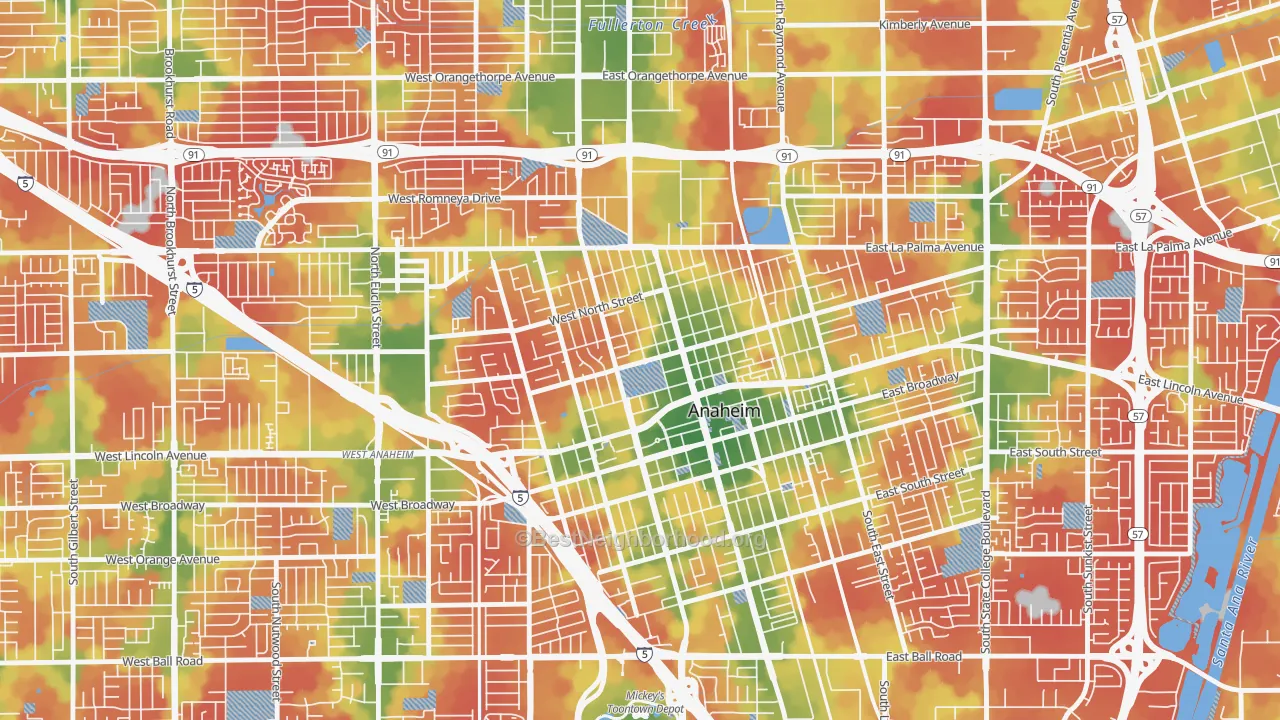 Walk Grade map of The Colony, Anaheim, CA, walkable areas in green and car-dependent areas in red