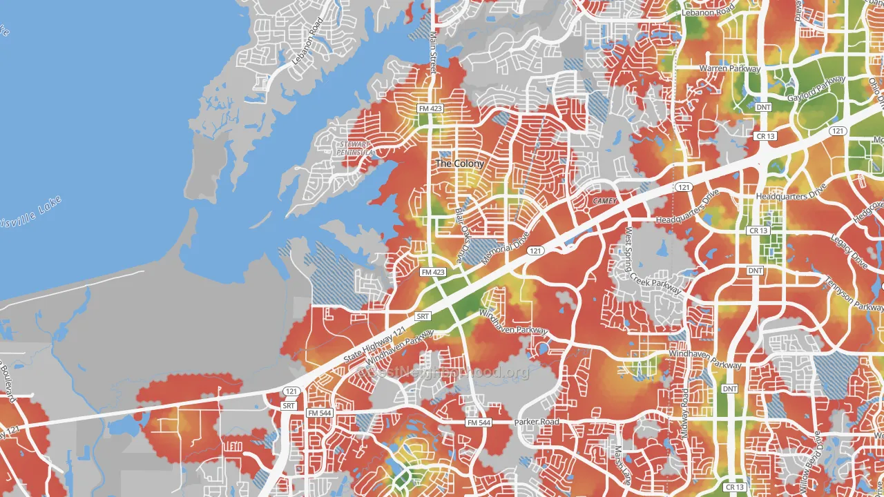 Walk Grade map of The Colony, TX, walkable areas in green and car-dependent areas in red