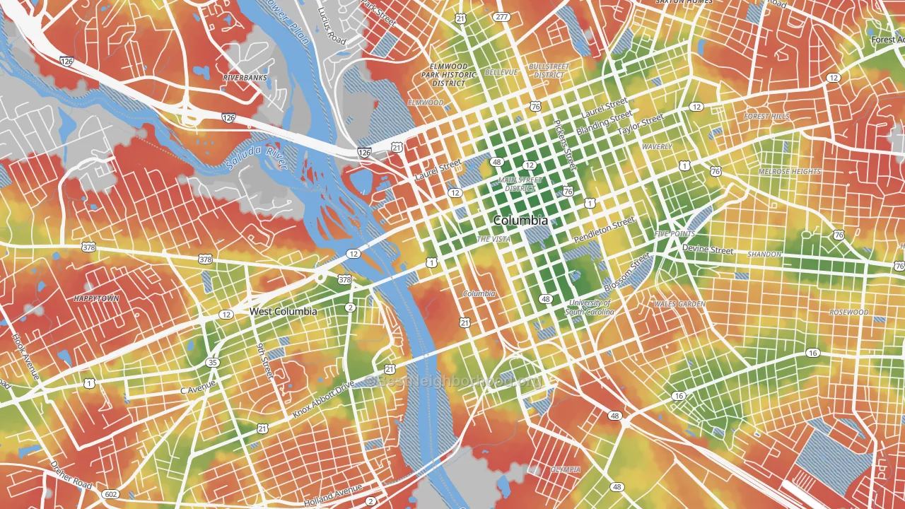 Walk Grade map of The Congaree Vista, Columbia, SC, walkable areas in green and car-dependent areas in red