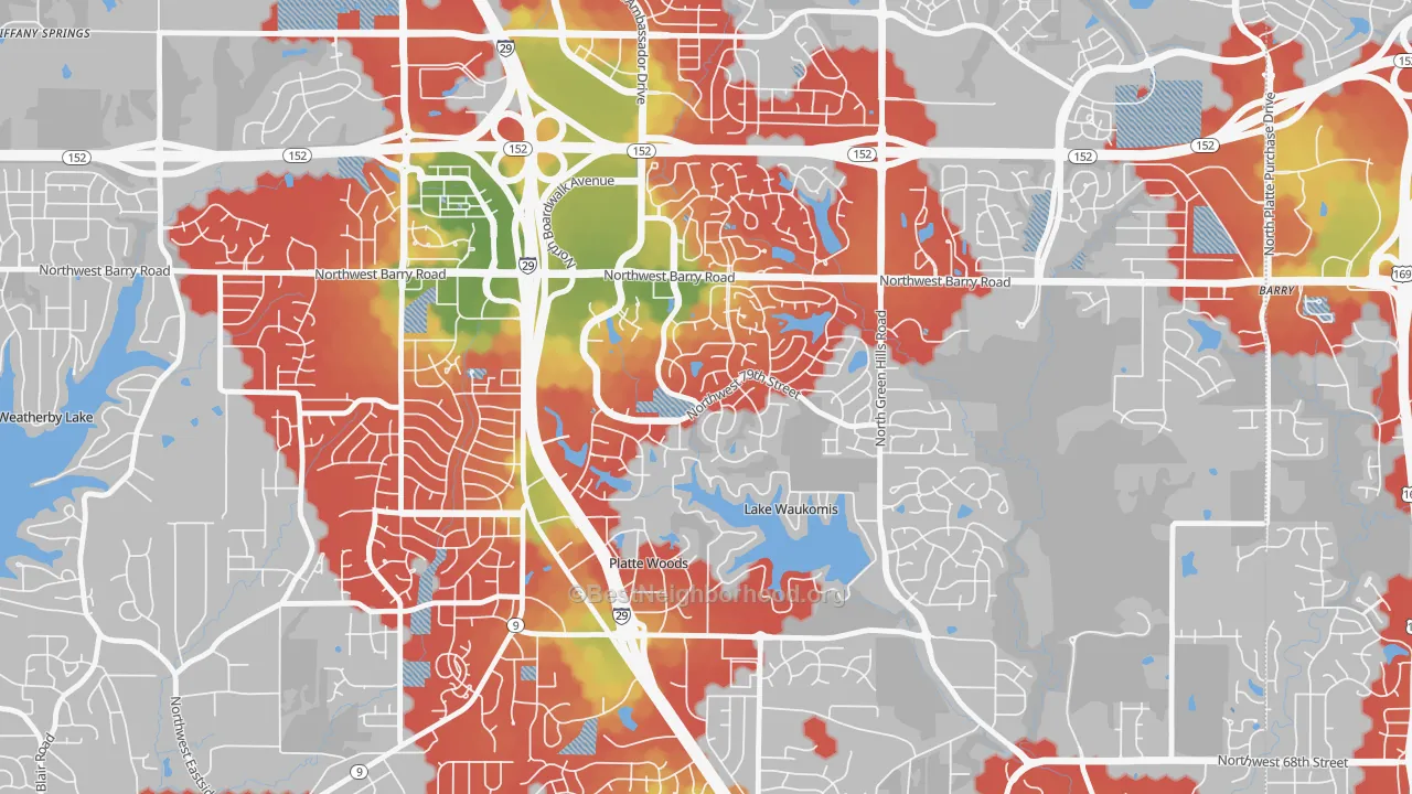Walk Grade map of The Coves, Kansas City, MO, walkable areas in green and car-dependent areas in red
