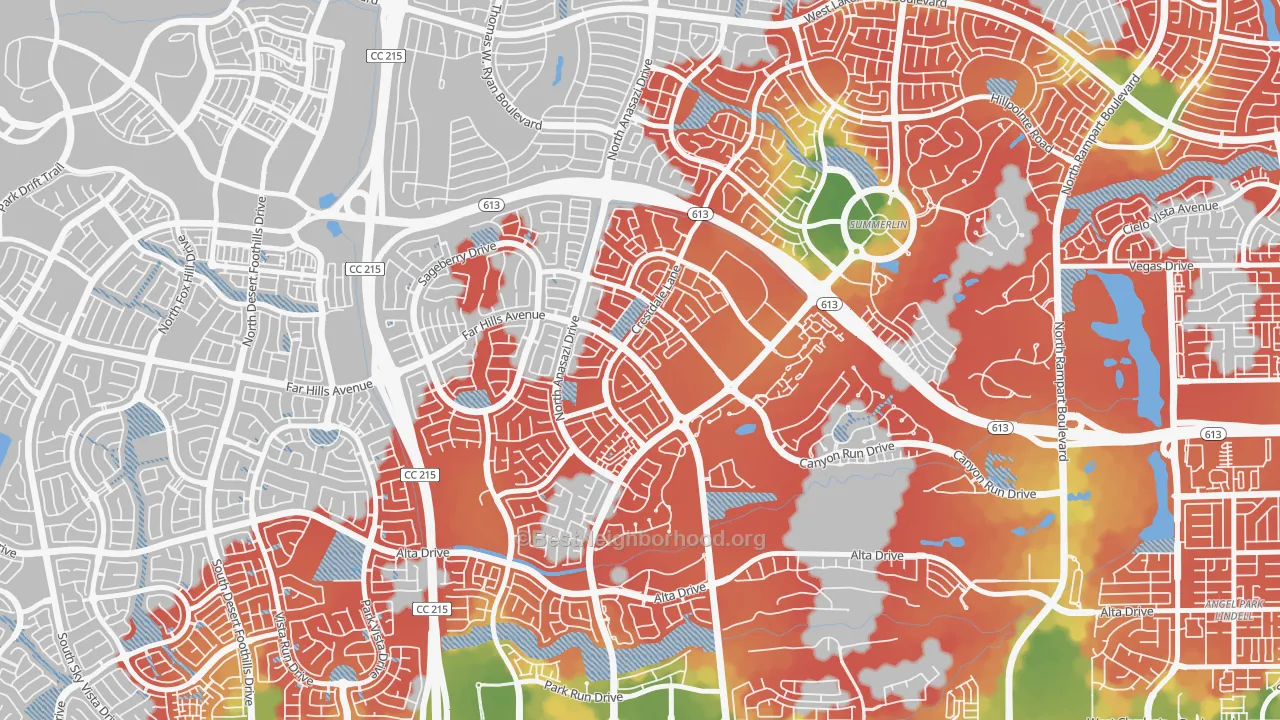 Walk Grade map of The Crossing, Las Vegas, NV, walkable areas in green and car-dependent areas in red