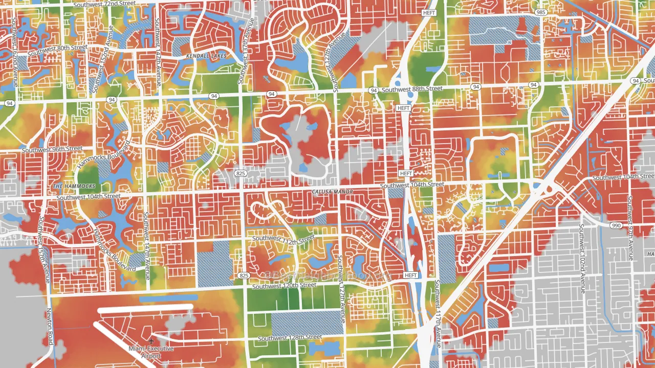 Walk Grade map of The Crossings, FL, walkable areas in green and car-dependent areas in red