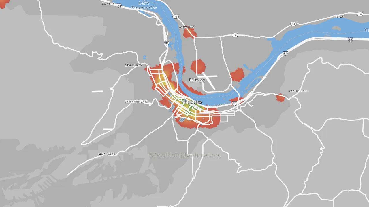 Walk Grade map of The Dalles, OR, walkable areas in green and car-dependent areas in red
