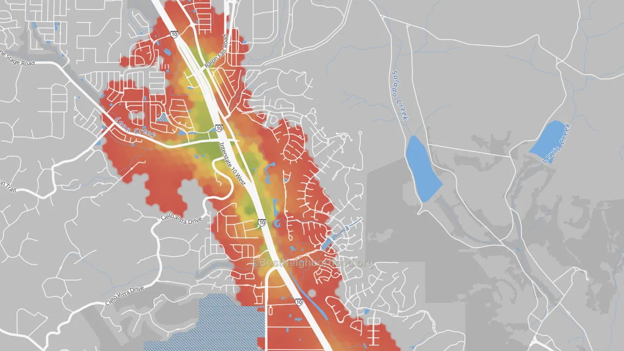Walk Grade map of The Dominion, San Antonio, TX, walkable areas in green and car-dependent areas in red