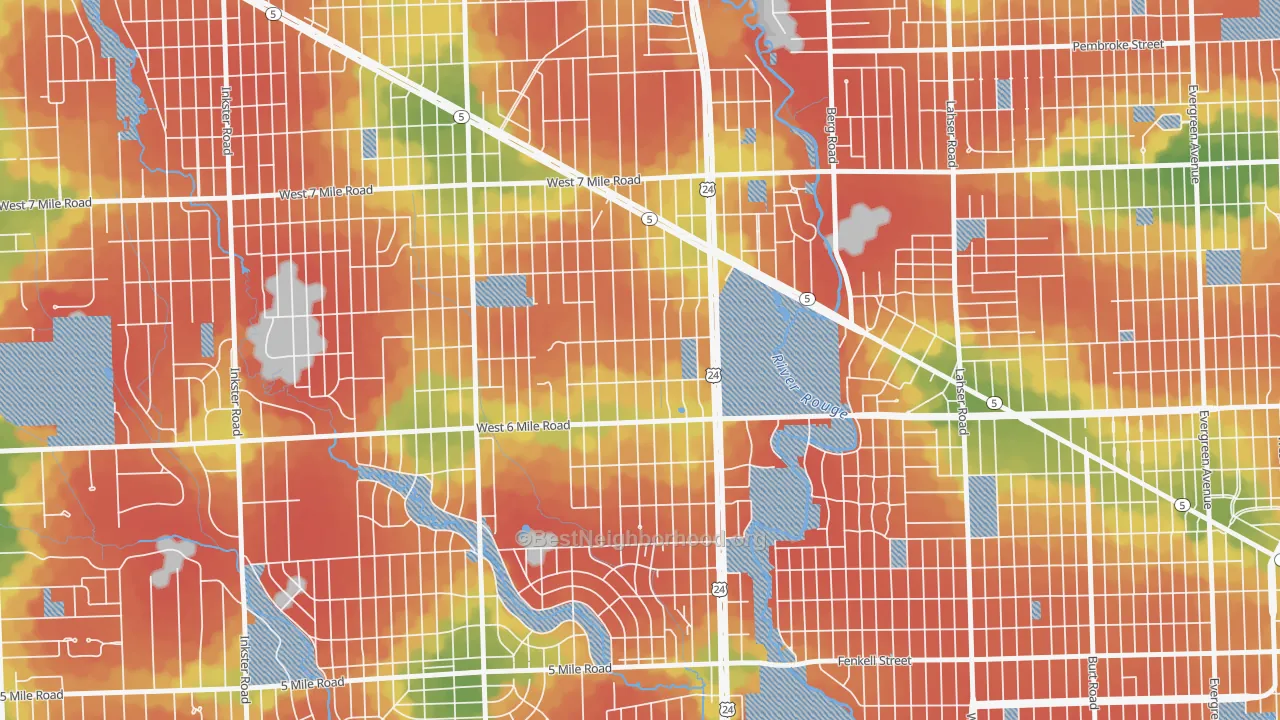 Walk Grade map of The Eye, Detroit, MI, walkable areas in green and car-dependent areas in red