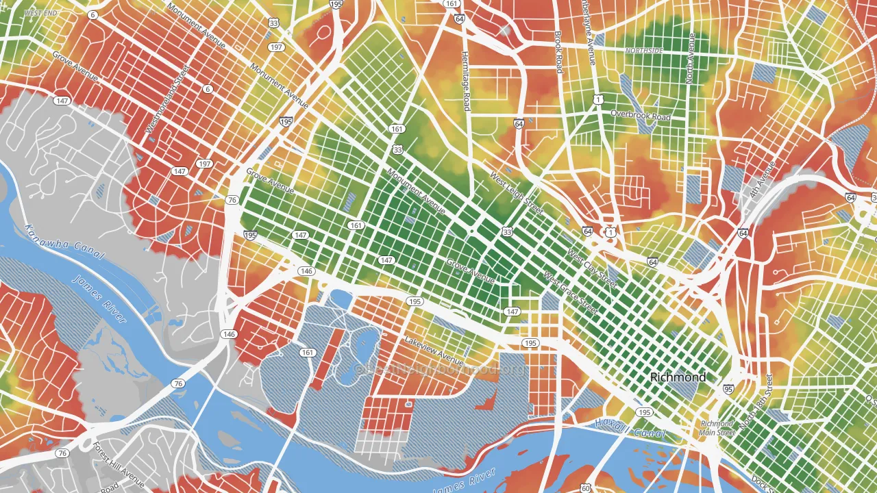 Walk Grade map of The Fan, Richmond, VA, walkable areas in green and car-dependent areas in red