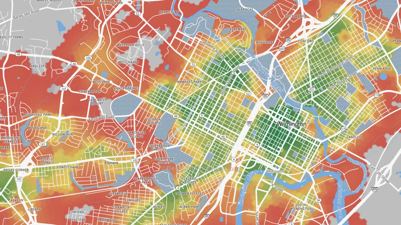 Walk Grade map of The Flats, Wilmington, DE, walkable areas in green and car-dependent areas in red