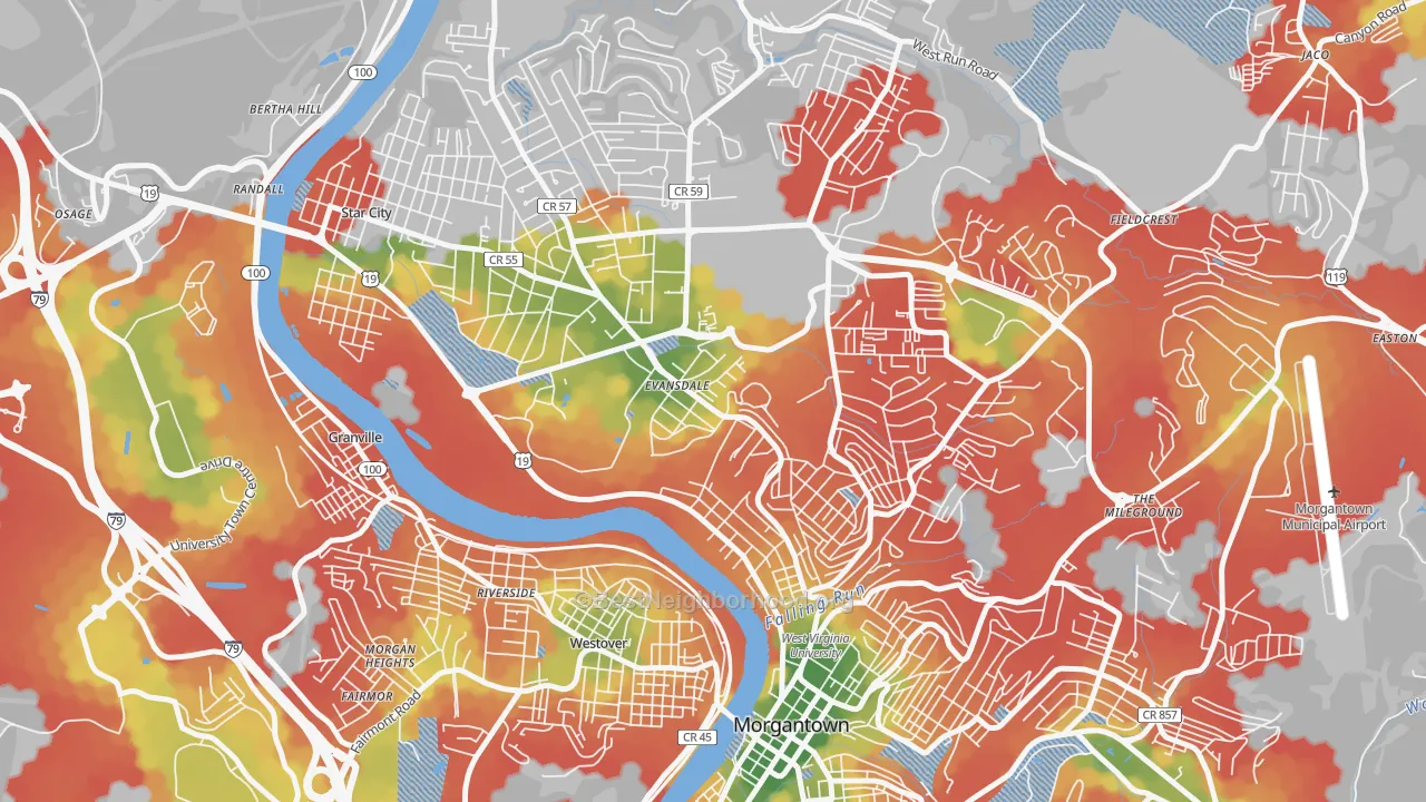 Walk Grade map of The Flatts, Morgantown, WV, walkable areas in green and car-dependent areas in red