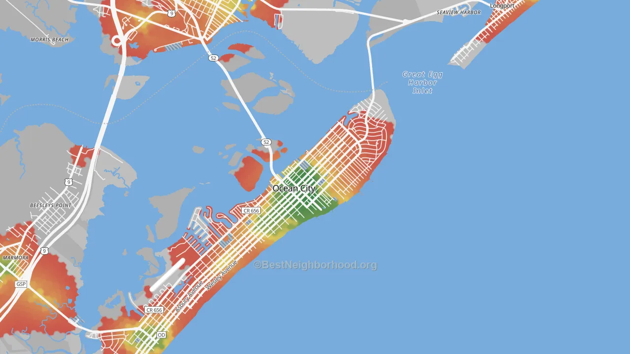 Walk Grade map of The Gardens, Ocean City, NJ, walkable areas in green and car-dependent areas in red