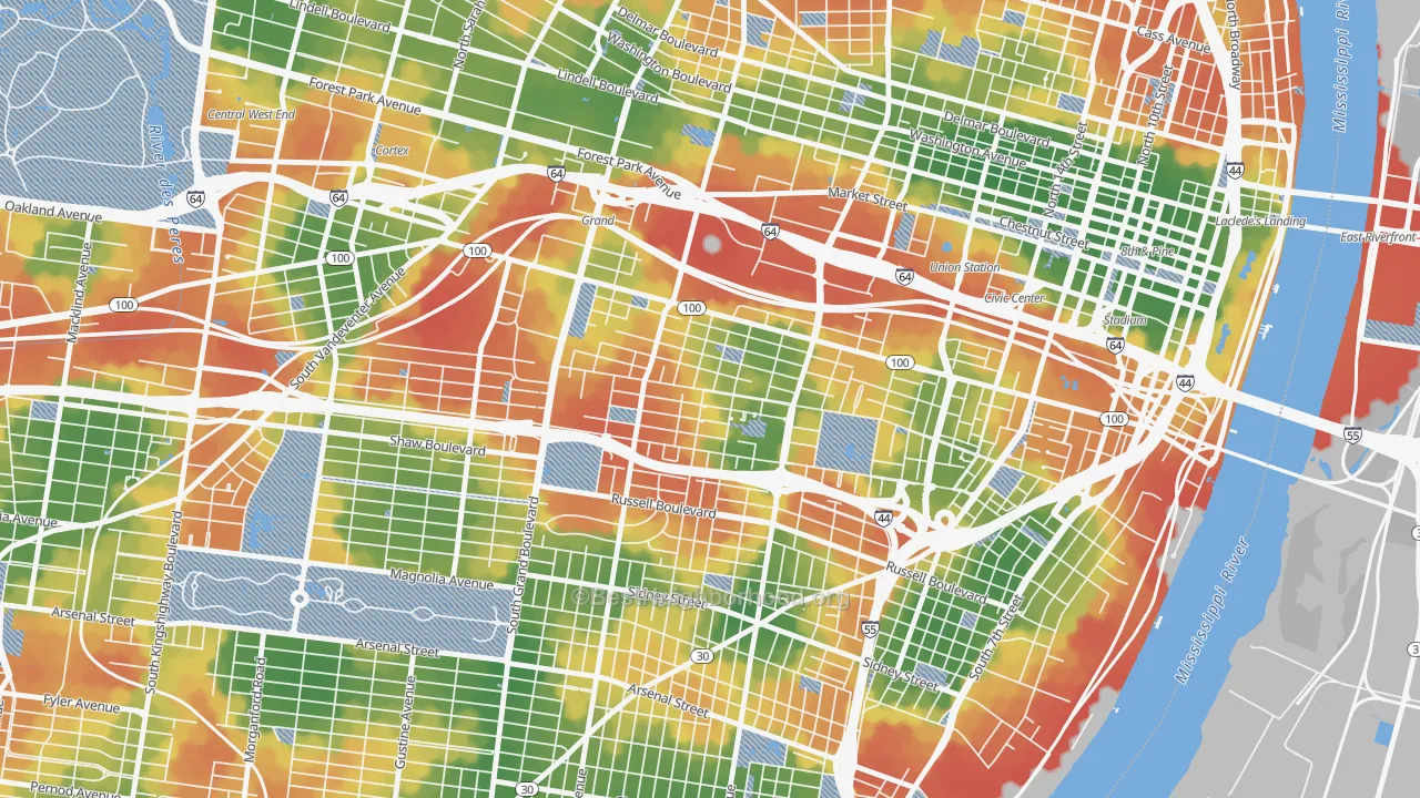 Walk Grade map of The Gate District, St. Louis, MO, walkable areas in green and car-dependent areas in red