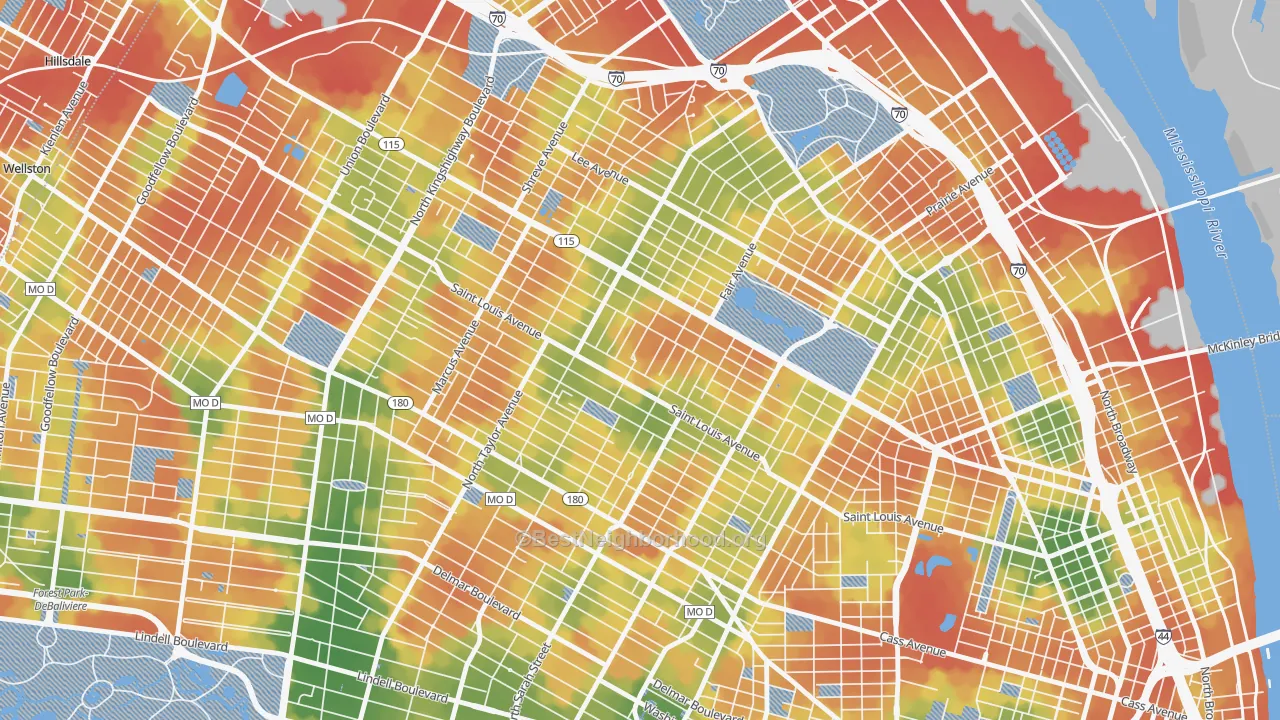 Walk Grade map of The Greater Ville, St. Louis, MO, walkable areas in green and car-dependent areas in red