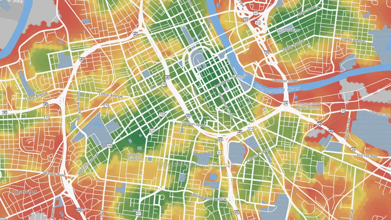 Walk Grade map of The Gulch, Nashville, TN, walkable areas in green and car-dependent areas in red