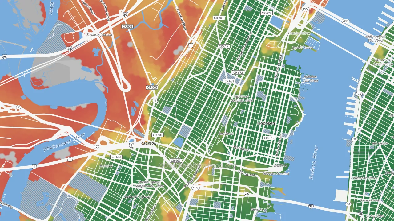 Walk Grade map of The Heights, Jersey City, NJ, walkable areas in green and car-dependent areas in red