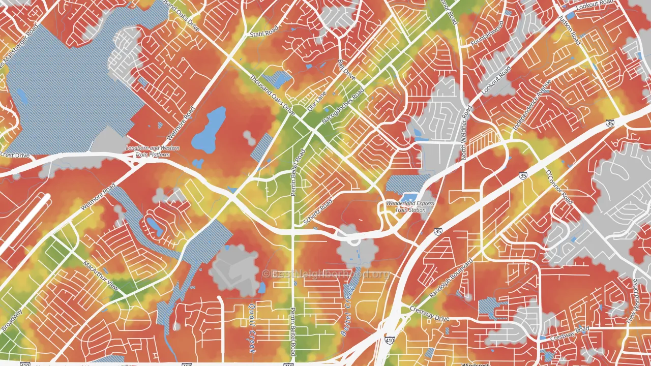 Walk Grade map of The Hills of Park North, San Antonio, TX, walkable areas in green and car-dependent areas in red