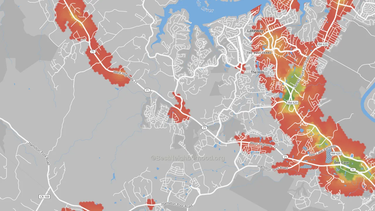 Walk Grade map of The Hills, TX, walkable areas in green and car-dependent areas in red