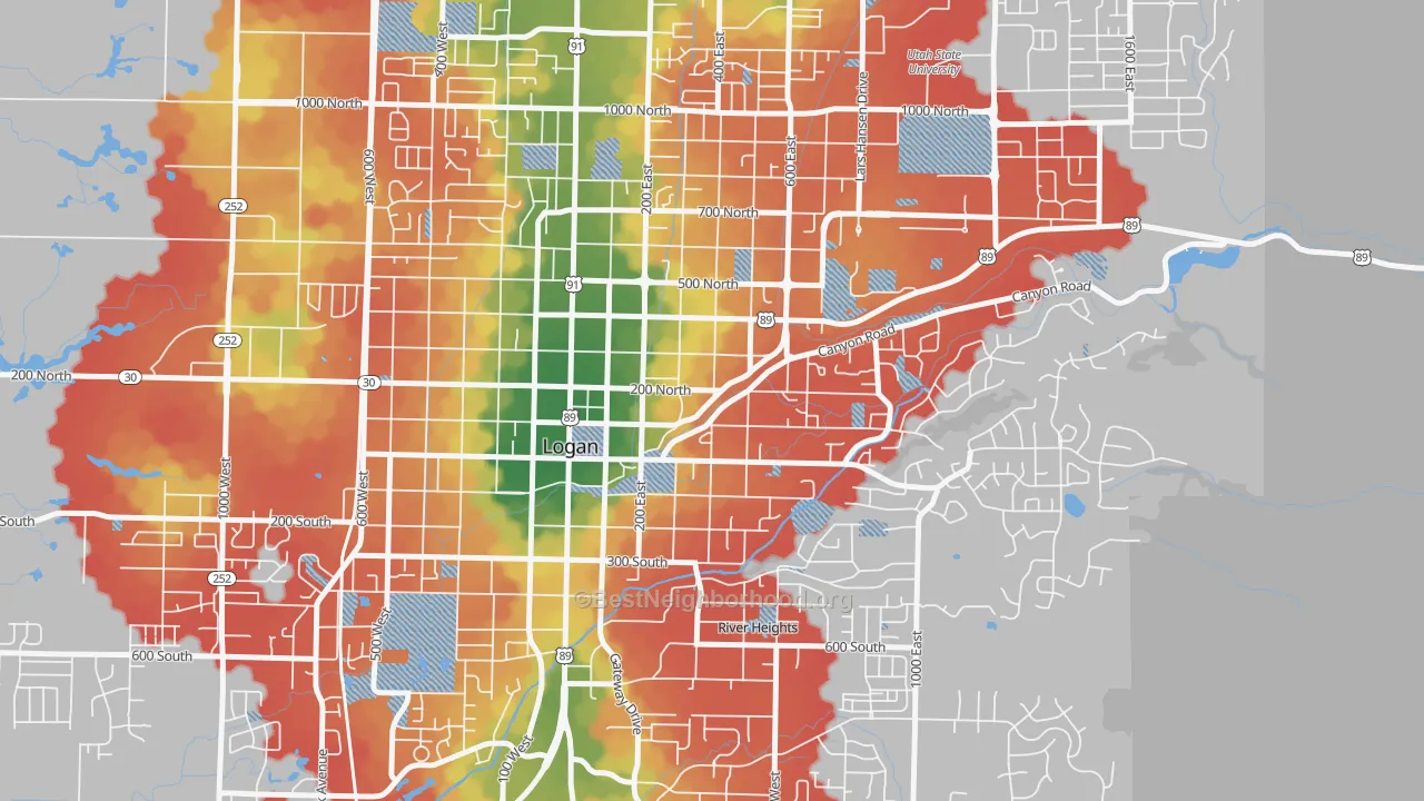 Walk Grade map of The Island, Logan, UT, walkable areas in green and car-dependent areas in red