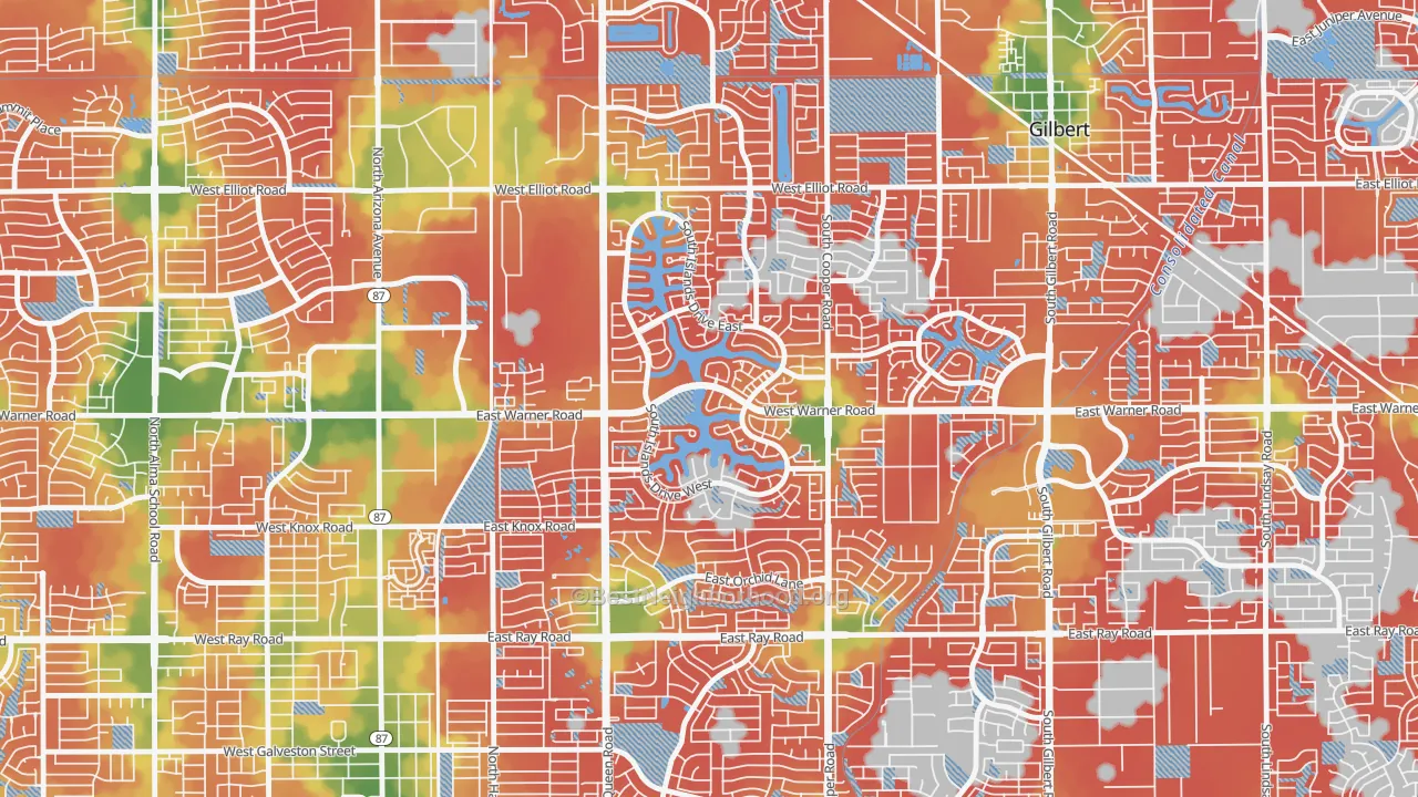 Walk Grade map of The Islands, Gilbert, AZ, walkable areas in green and car-dependent areas in red