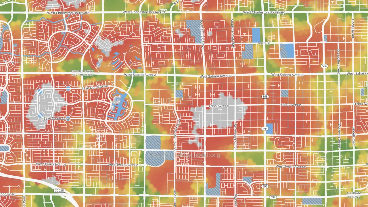 Walk Grade map of The Lakes-Country Club, Spring Valley, NV, walkable areas in green and car-dependent areas in red