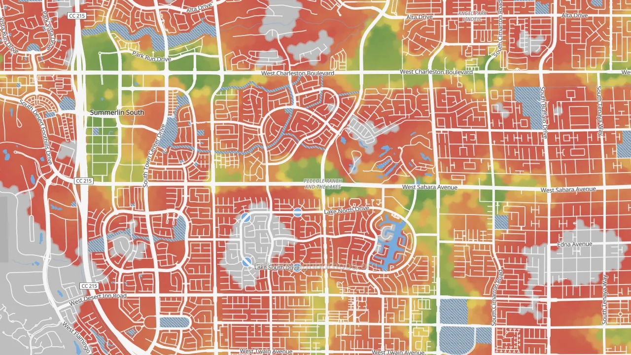 Walk Grade map of The Lakes, Las Vegas, NV, walkable areas in green and car-dependent areas in red
