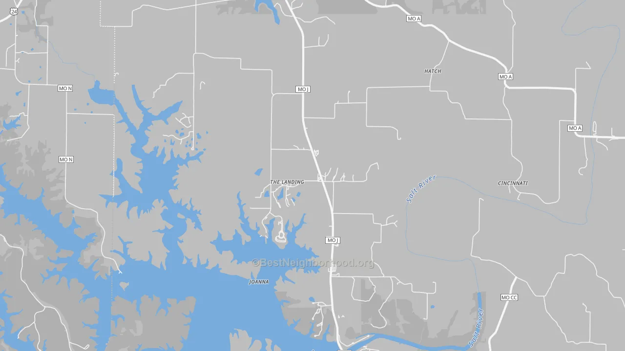 Walk Grade map of The Landing, MO, walkable areas in green and car-dependent areas in red