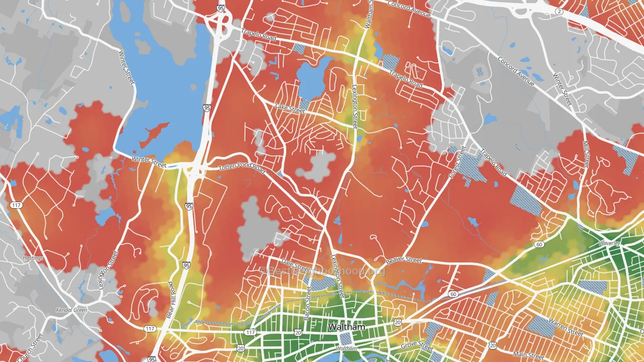 Walk Grade map of The Lanes, Waltham, MA, walkable areas in green and car-dependent areas in red