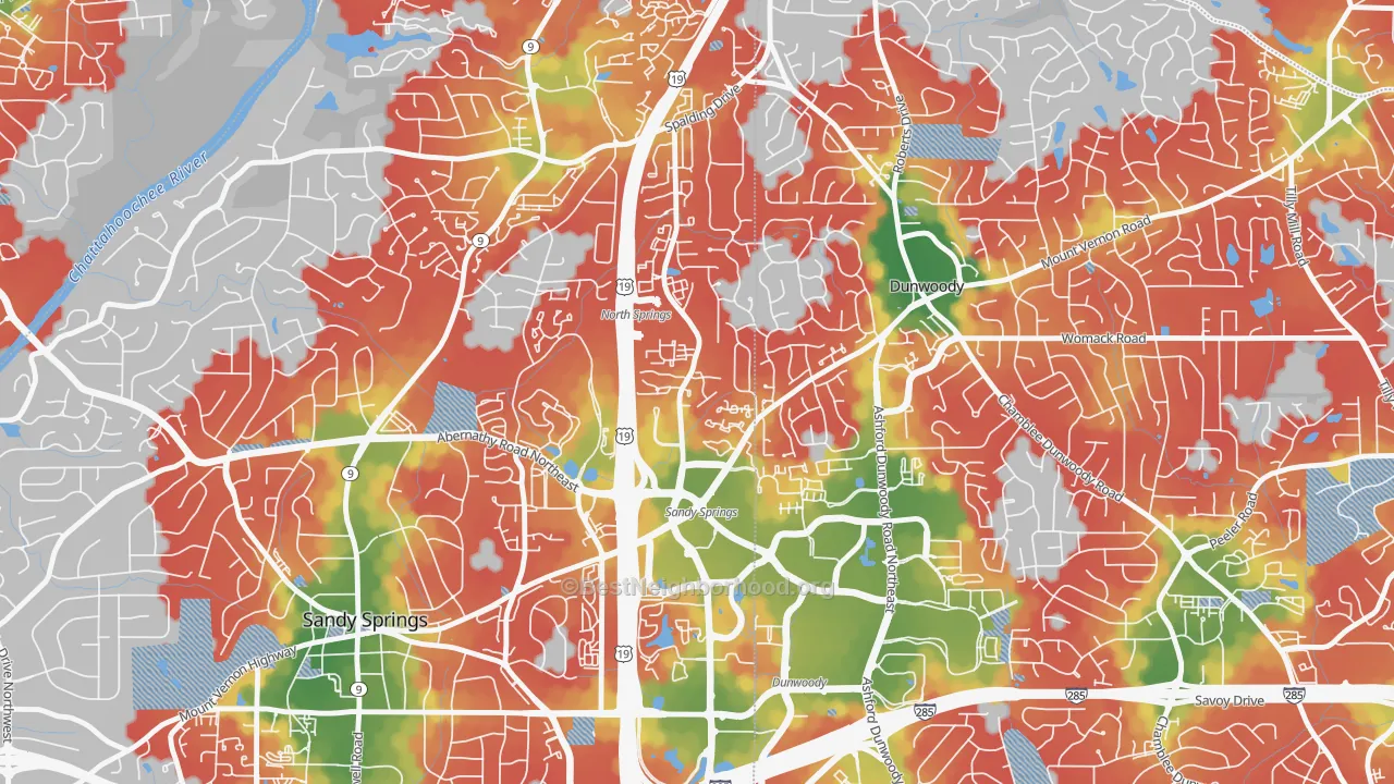Walk Grade map of The Meadows, Sandy Springs, GA, walkable areas in green and car-dependent areas in red