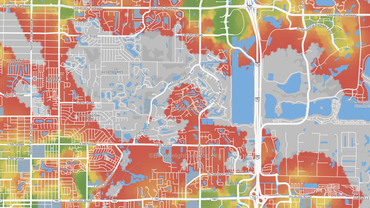 Walk Grade map of The Meadows, Sarasota, FL, walkable areas in green and car-dependent areas in red