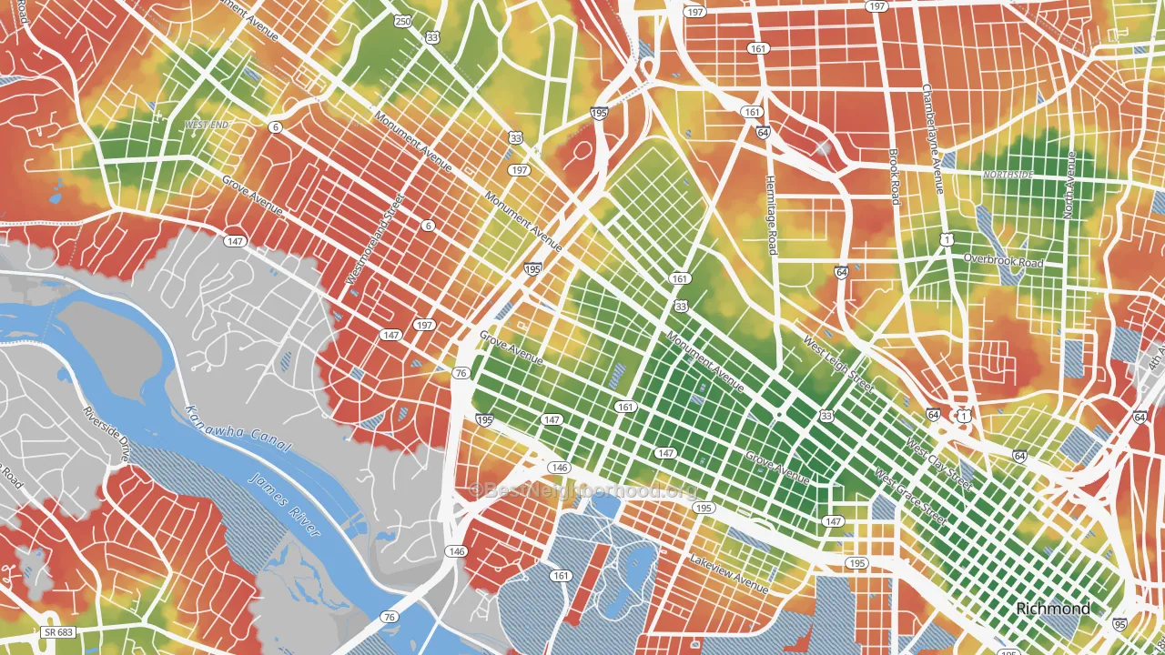 Walk Grade map of The Museum District, Richmond, VA, walkable areas in green and car-dependent areas in red