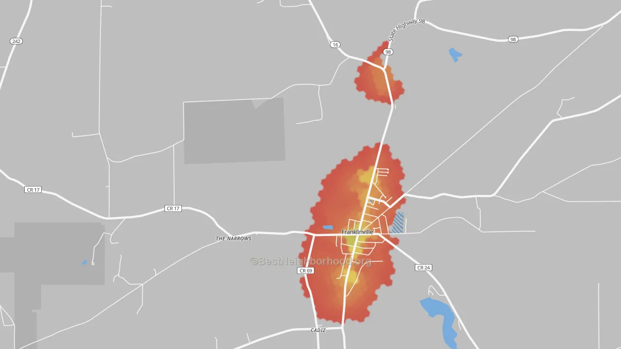 Walk Grade map of The Narrows, NY, walkable areas in green and car-dependent areas in red