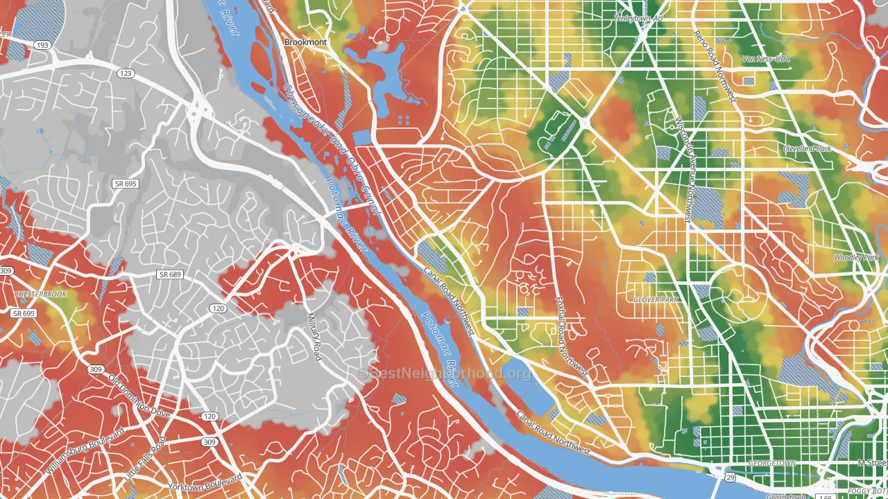 Walk Grade map of The Palisades, Washington, DC, walkable areas in green and car-dependent areas in red