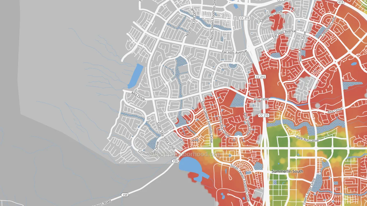Walk Grade map of The Paseos, Las Vegas, NV, walkable areas in green and car-dependent areas in red