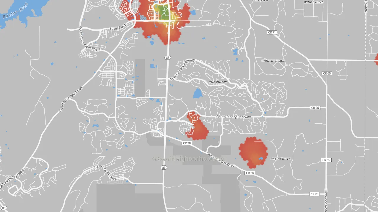 Walk Grade map of The Pinery, CO, walkable areas in green and car-dependent areas in red