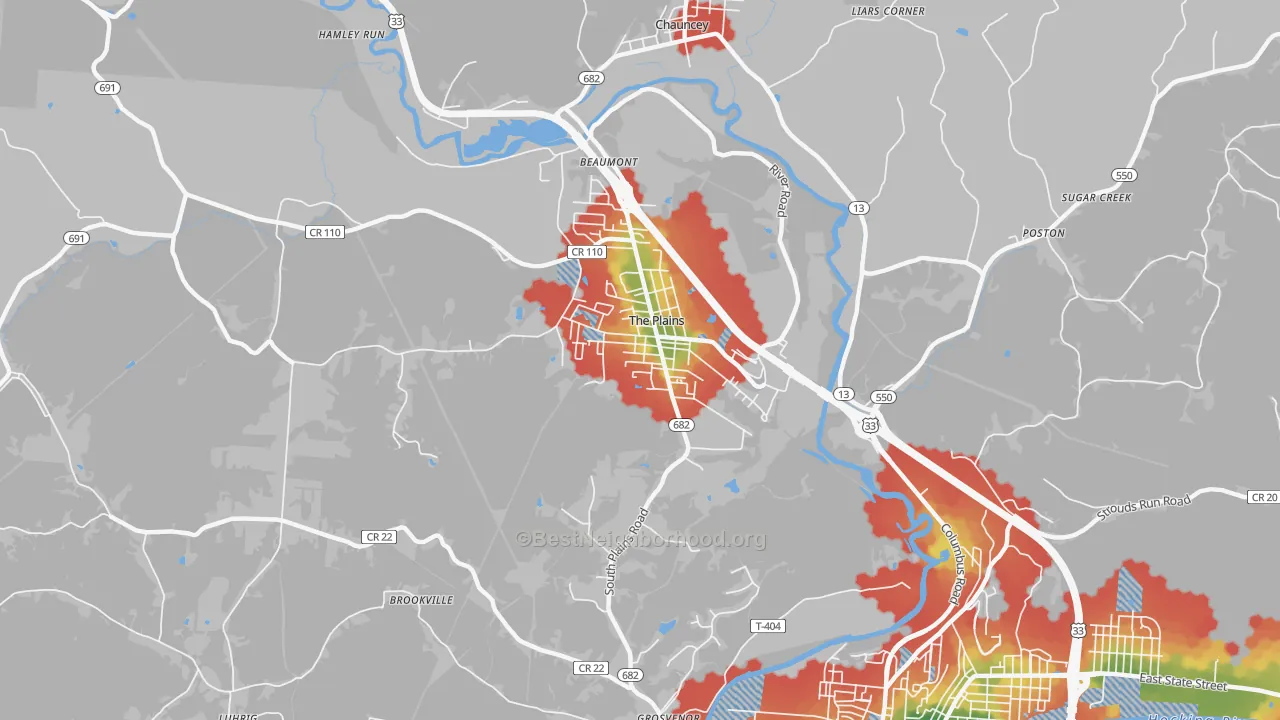 Walk Grade map of The Plains, OH, walkable areas in green and car-dependent areas in red