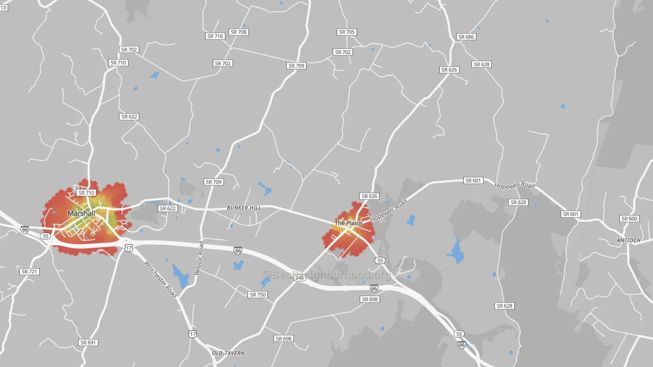 Walk Grade map of The Plains, VA, walkable areas in green and car-dependent areas in red