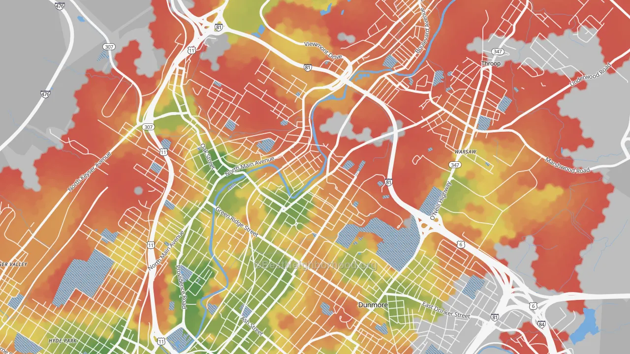 Walk Grade map of The Plot, Scranton, PA, walkable areas in green and car-dependent areas in red