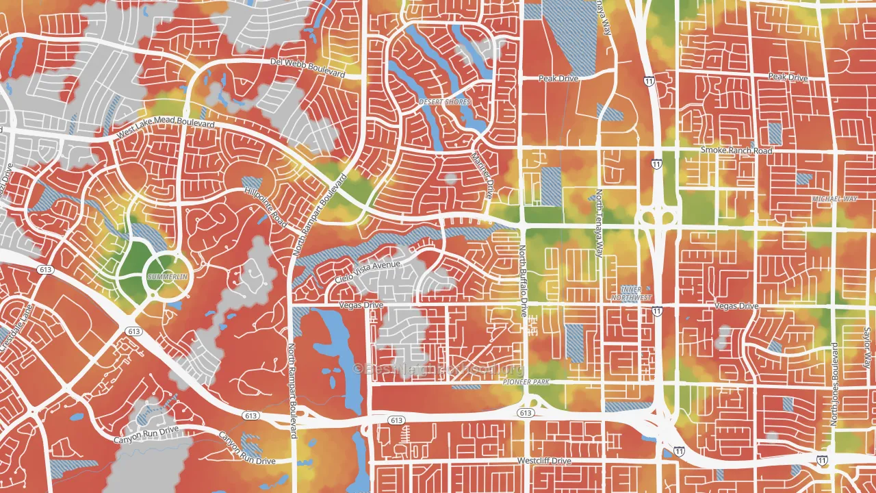 Walk Grade map of The Pueblo, Las Vegas, NV, walkable areas in green and car-dependent areas in red