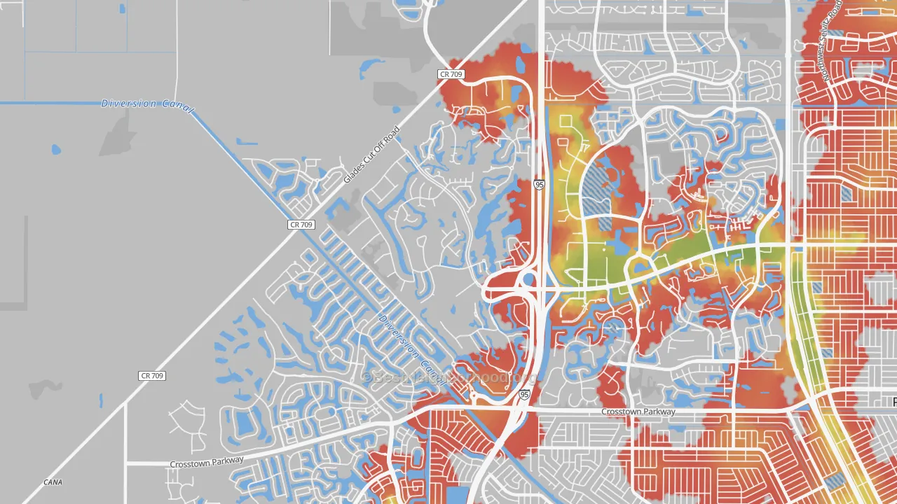 Walk Grade map of The Reserve, Port St. Lucie, FL, walkable areas in green and car-dependent areas in red