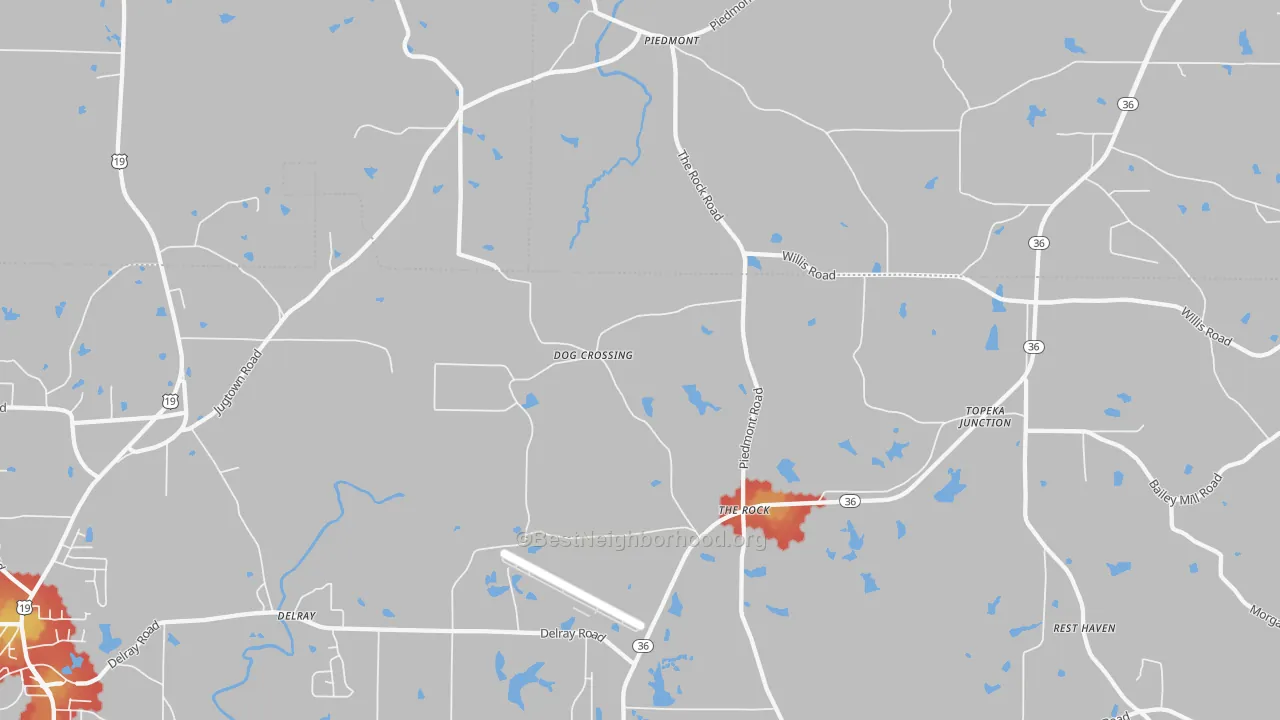 Walk Grade map of The Rock, GA, walkable areas in green and car-dependent areas in red